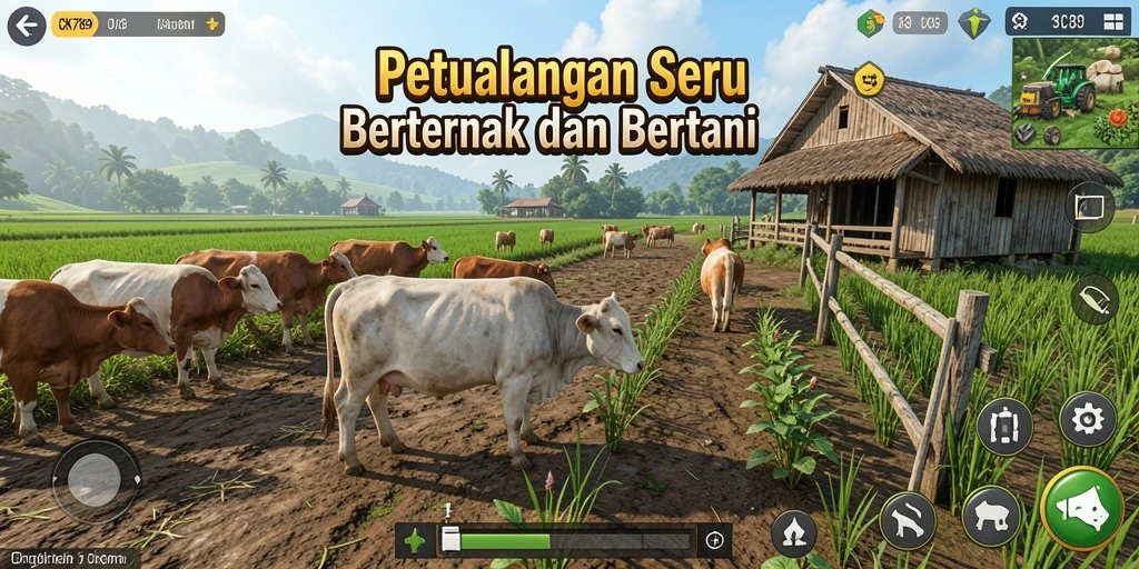 Screenshot gameplay CK789 dengan aktivitas bertani dan beternak.