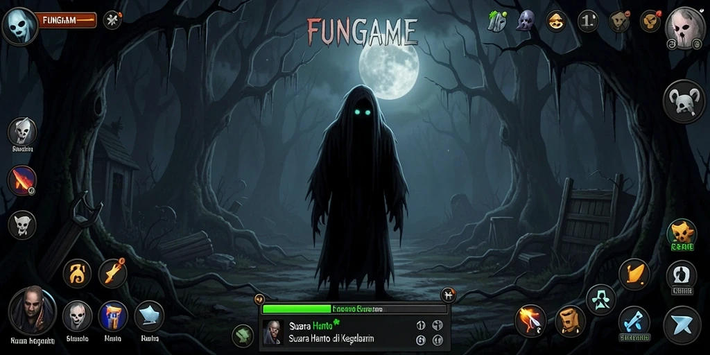 Screenshot utama FUNGame menampilkan suasana gameplay horor yang mencekam.