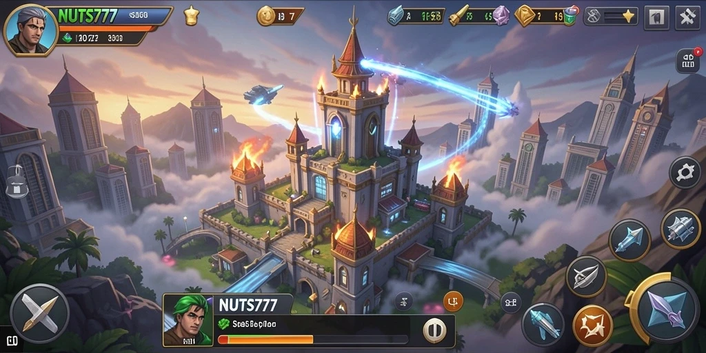 Gameplay seru di NUTS777 dengan menara dan musuh yang beragam.