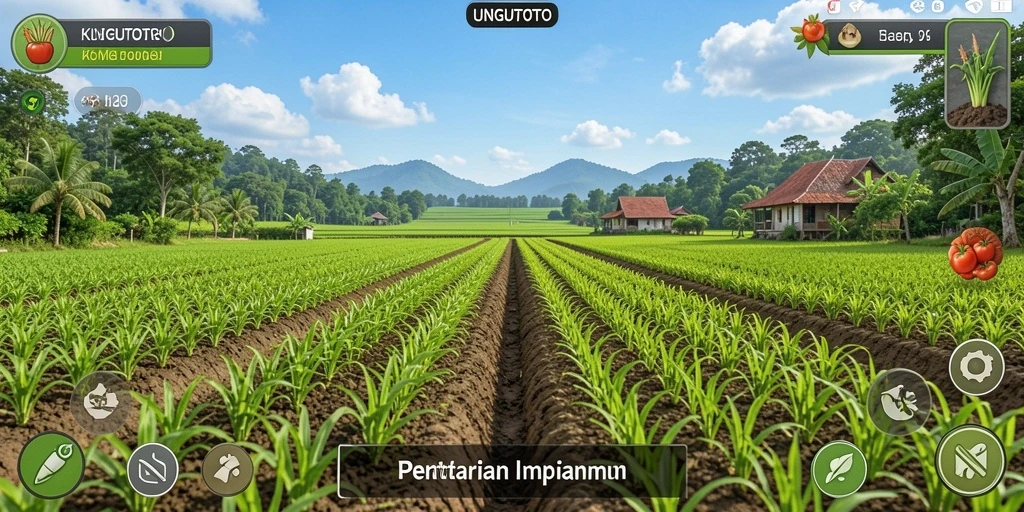 Tampilan gameplay <strong>UNGUTOTO</strong> saat merawat ladang dan panen.
